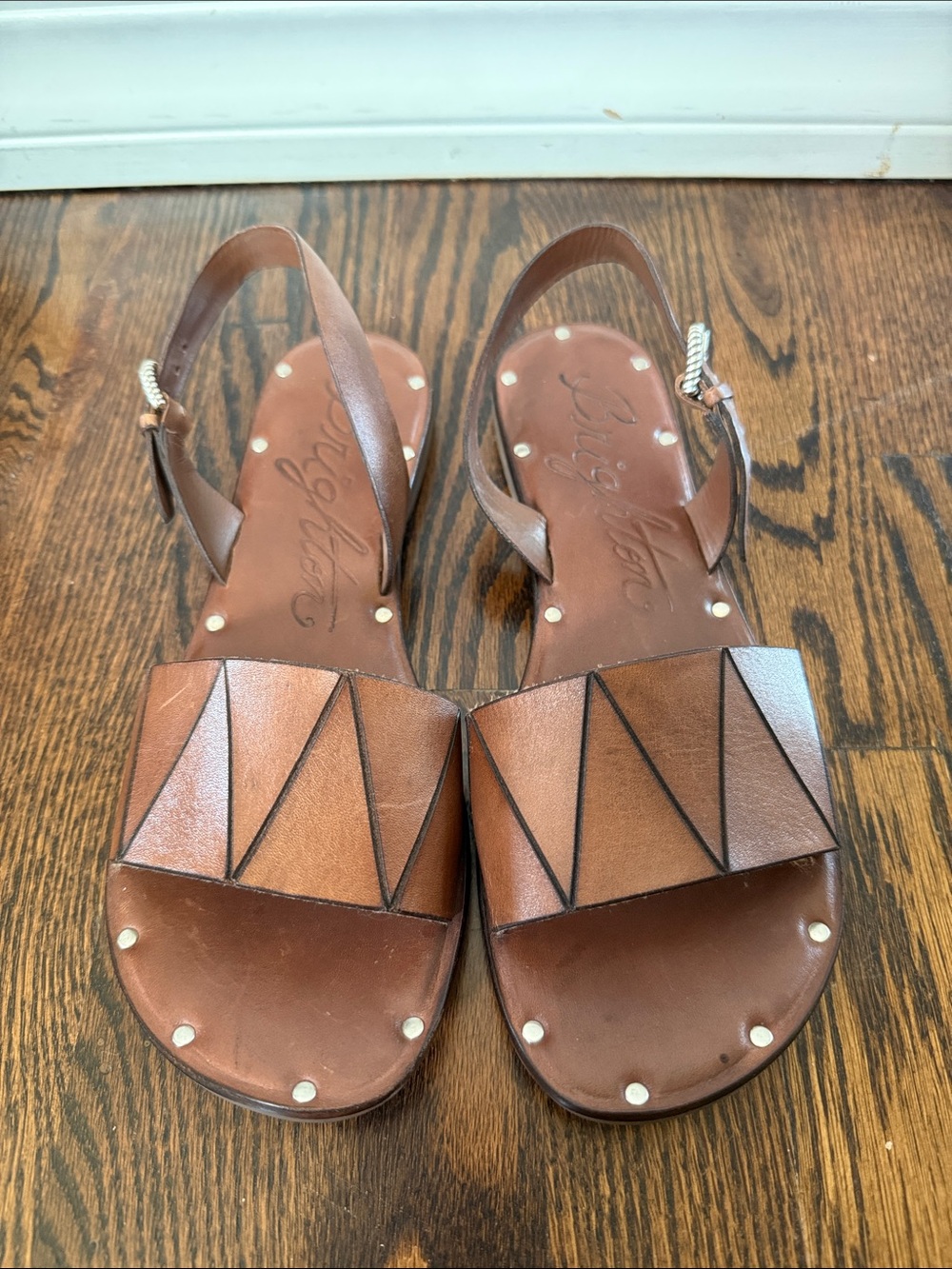 Brighton Brown Leather Geometric Strap Slingback Sandals